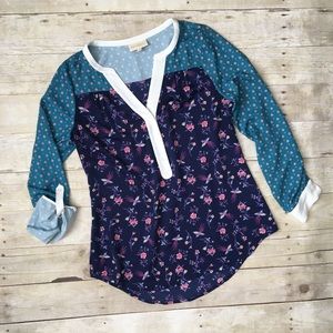 ModCloth Vintage Floral Teal Purple 3/4 Sleeve Top